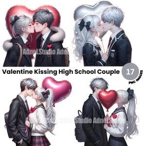 Valentine paar clipart, Valentijnsdag kussen paar clipart, middelbare school paar kussen clipart, Valentijnsdag clipart, anime meisje clipart