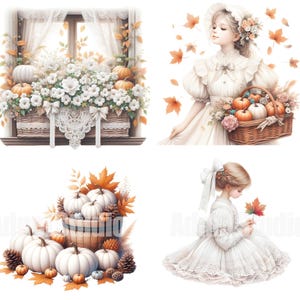 May include: A digital illustration of three autumn-themed scenes. The first scene features a window box overflowing with white flowers and orange pumpkins. The second scene shows a girl in a white dress holding a basket of pumpkins. The third scene shows a girl in a white dress holding a single red leaf.