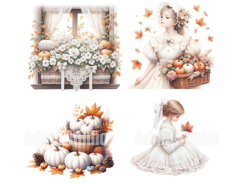 May include: A digital illustration of three autumn-themed scenes. The first scene features a window box overflowing with white flowers and orange pumpkins. The second scene shows a girl in a white dress holding a basket of pumpkins. The third scene shows a girl in a white dress holding a single red leaf.