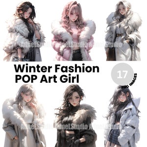 Winter Fashion Girl Clipart - Fashion Dress Pop Art Girl, Fashion Girl Papercraft, Dress Fashion Girl Scrapbooking, Anime Girl Stickers