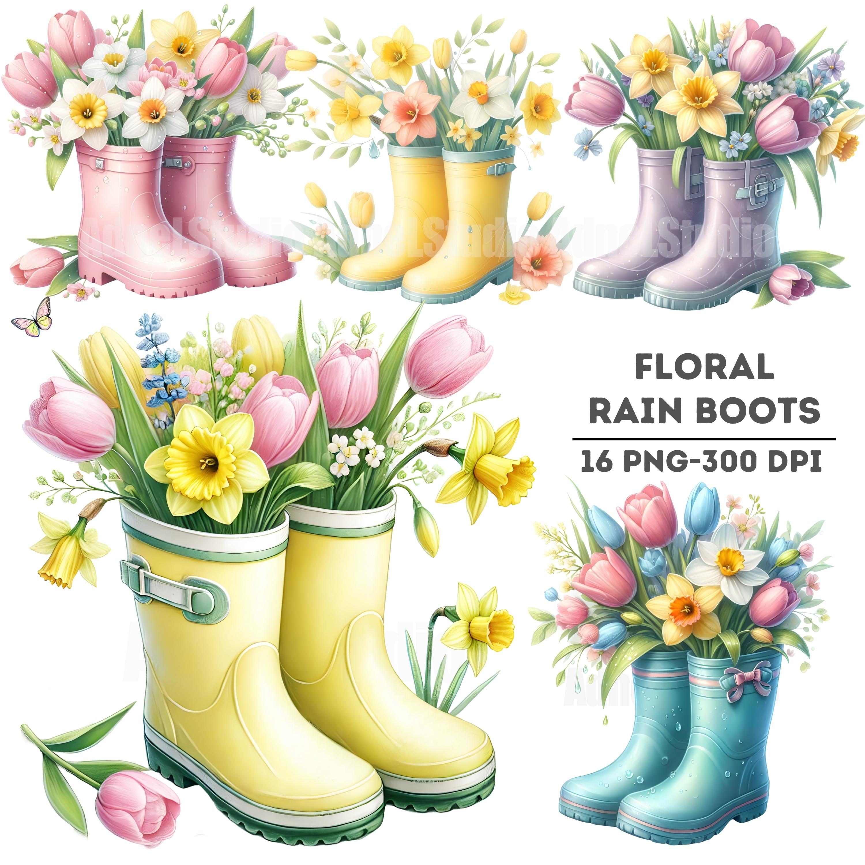 Watercolor Floral Rain Boots Clipart, Spring Flowers Illustration, Tulip and Daffodil PNG Bundle, Gardening Decor Artwork, Digital Download