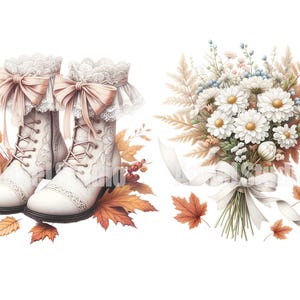 May include: A pair of white lace-up boots with pink bows and a bouquet of white daisies with brown and beige dried grasses and a white ribbon.