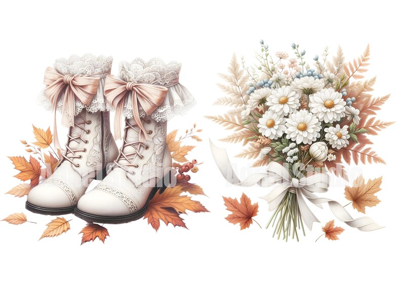 May include: A pair of white lace-up boots with pink bows and a bouquet of white daisies with brown and beige dried grasses and a white ribbon.