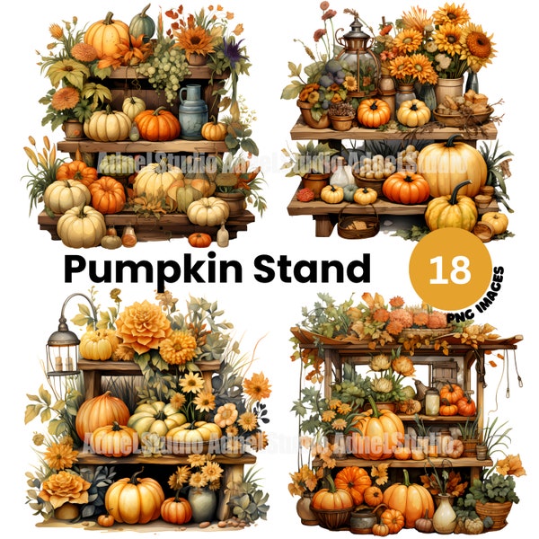 Watercolor Pumpkin Stand Clipart - Cottage Core Clipart, Fall Cottage Life Clipart, Thanksgiving Clipart, Pumpkin Junk journal, Scrapbooking