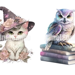 May include: A white cat wearing a purple and black witch hat with pink flowers and a white owl perched on a stack of books.