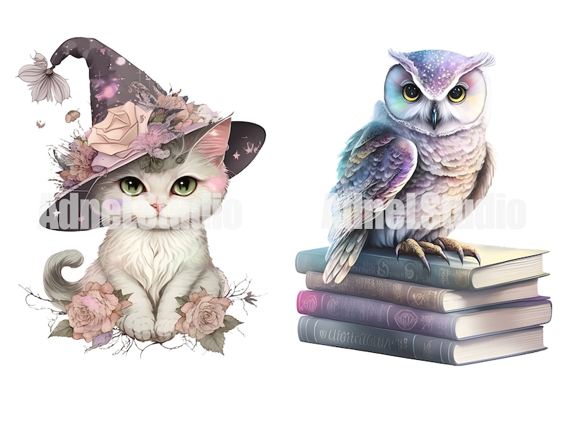 May include: A white cat wearing a purple and black witch hat with pink flowers and a white owl perched on a stack of books.