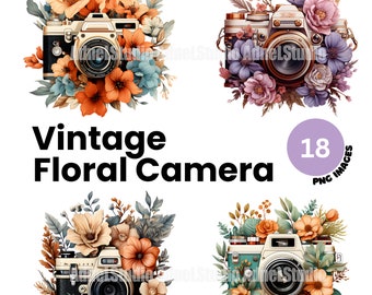 Watercolor Vintage Camera Clipart: Floral Retro PNG Images (Digital Download)