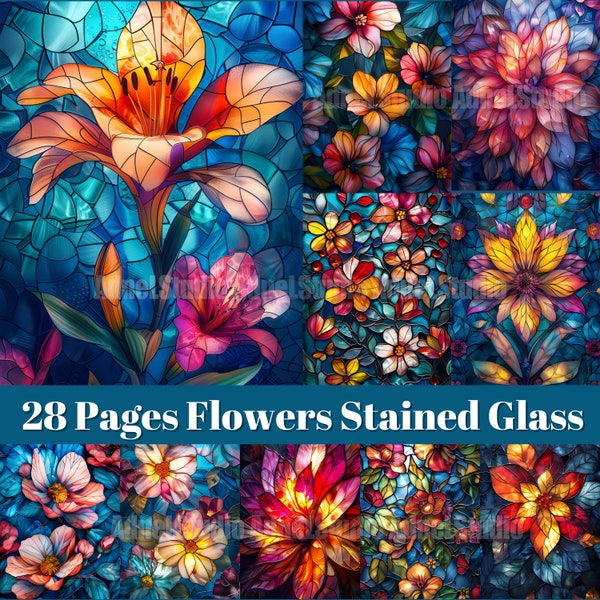 Flowers Stained Glass Junk Journal, Stained Glass Digital Paper, Stained Glass Ephemera Paper,  Stained Glass Background, Scrapbooking Pages