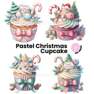 Pastel Christmas Cupcake Clipart, Clipart de comida festiva, Clipart de Navidad, Diario basura de Navidad, Ilustración de Navidad, Gráfico de Navidad