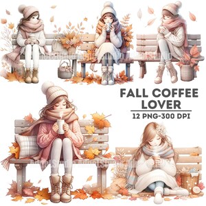 Imágenes prediseñadas de amantes del café de otoño, escenas acogedoras de otoño, sublimación de otoño, imágenes PNG con temática de otoño para álbumes de recortes, descarga digital para camisetas