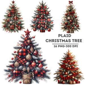 Paquete de imágenes prediseñadas de árbol de Navidad a cuadros, árbol de Navidad rústico a cuadros estilo búfalo, PNG festivo de invierno, arte de decoración navideña, PNG acogedor de árbol a cuadros estilo búfalo