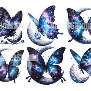May include: Six digital illustrations of butterflies with galaxy-like wings perched on crescent moons. The butterflies are black with blue and purple nebulae patterns.