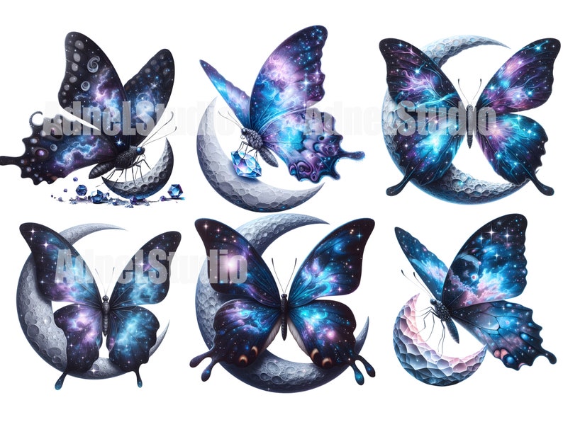 May include: Six digital illustrations of butterflies with galaxy-like wings perched on crescent moons. The butterflies are black with blue and purple nebulae patterns.