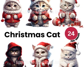 Christmas Cat Clipart - Christmas Clipart, Watercolor Christmas Cat PNG, Christmas Decoration Clipart, Kitten Junk Journal, Scrapbooking