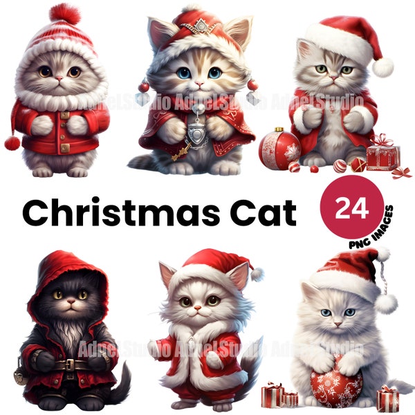 Christmas Cat Clipart - Christmas Clipart, Watercolor Christmas Cat PNG, Christmas Decoration Clipart, Kitten Junk Journal, Scrapbooking