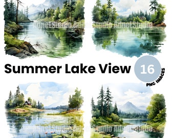 Summer Lake View Clipart - Watercolor Lake Clipart, Summer Landscape Clipart, Forest Junk Journal, Summer Tree Clipart, Digital Paper Craft
