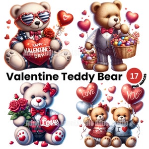Valentines Teddy Bear Clipart, Watercolor Valentines Day Clipart, Teddy Bear Valentine&#39;s Clipart, Sweet Valentines Clipart, Valentine PNG