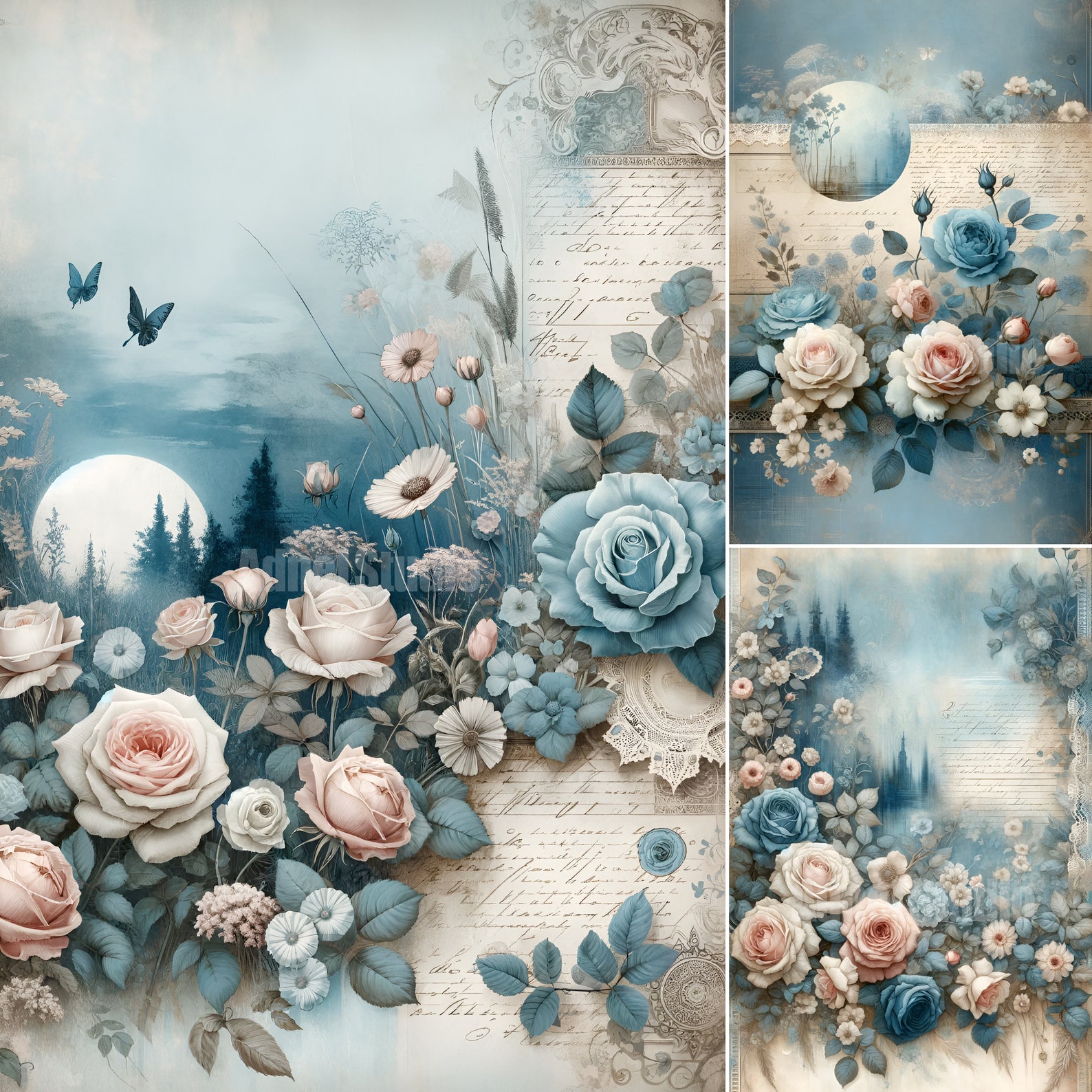 Vintage Blue Rose Junk Journal, Shabby Paper Roses, Vintage Victorian ...