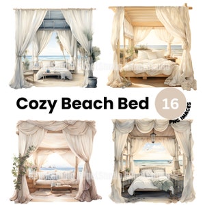 May include: Four digital illustrations of a white canopy bed with white linens and pillows in a beach setting. The bed is surrounded by sheer white curtains and a wooden frame. The illustrations are set against a white background. Cozy Beach Bed 16 PNG Images.