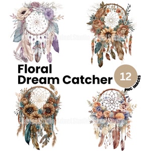 Boho kwiatowy łapacz snów clipart - Akwarela boho kwiatowy clapart, DIY boho łapacz snów do wydrukowania, Antyczny kwiatowy łapacz snów PNG blundle