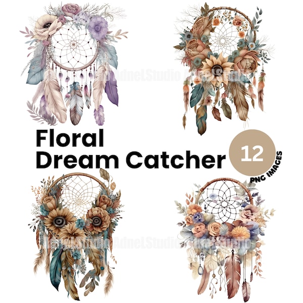 Boho floral dreamcatcher clipart - Watercolor boho floral clapart, DIY boho dreamcatcher printable, Antique floral dreamcatcher PNG blundle