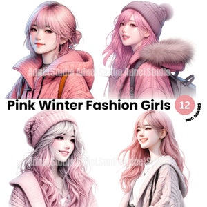 Pink Winter Fashion Girl Clipart - Winter Fashion Dress Girl, Fashion Girl Papercraft, Dress Fashion Girl Scrapbooking, Anime Girl Stickers