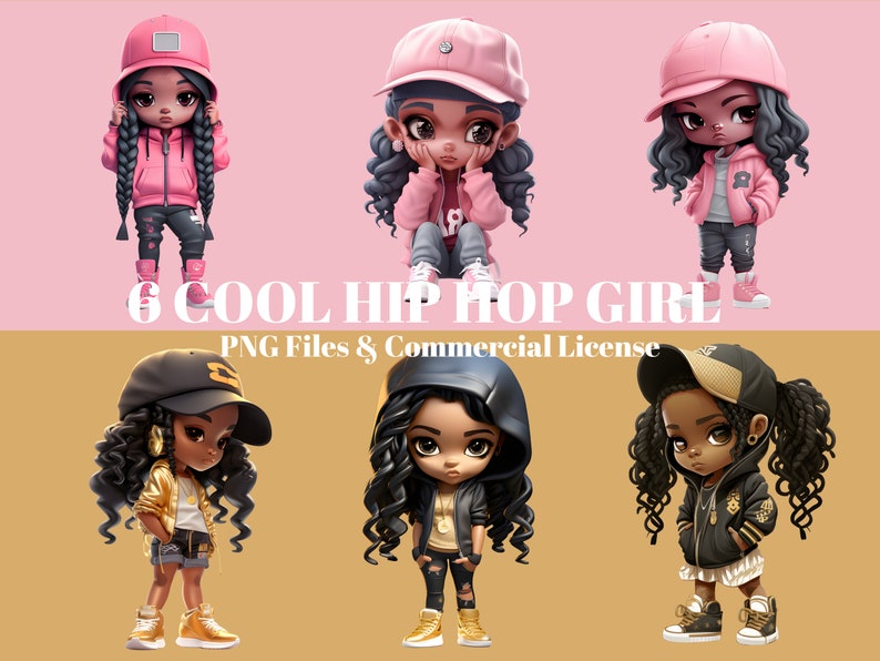 Cute Black Chibi Girl Clipart, Black Hip Hop Girl PNG, Afro Fashion Black Girl Clipart, DreadLock Black Girl PNG, Black Girl Magic Clipart image 1