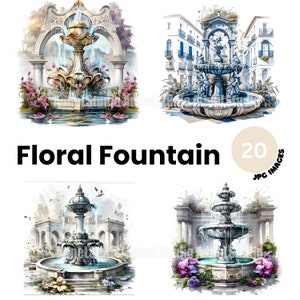 Watercolor floral fountain clipart - 20 High Quality JPG files - Fantasy floral fountain clipart, Card making, Fountain digital paper craft