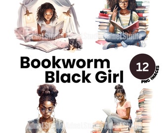 Watercolor black girl reading book clipart - 12 watercolor bookworm black girl clipart, Book lover black girl clipart digital paper craft