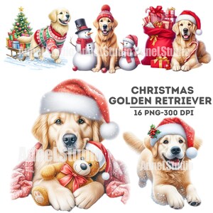 Boże Narodzenie Golden Retriever Clipart, Sezon Świąteczny PNG Clipart, Urocze Ilustracje Psów Świątecznych, Urocze Clipart Psów do Rzemiosła, Prezentów, Kartek
