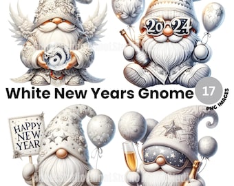 White New Year Gnome Clipart, 2024 New Year Gnome PNG, Happy New Year Clipart, New Year Card Template, New Year Clipart, New Year Decoration