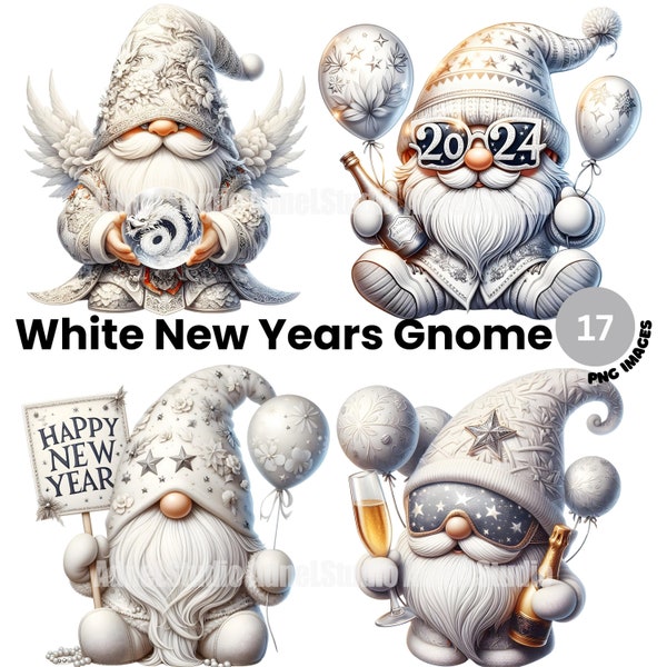 Clipart Gnome du Nouvel An blanc, Gnome du Nouvel An 2024 PNG, Clipart de bonne année, Modèle de carte du Nouvel An, Clipart du Nouvel An, Décoration du Nouvel An