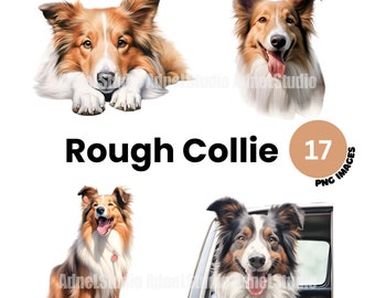 Rough collie Clipart - Watercolor rough collie png, Cute dog clipart, Puppy clipart, Dog portrait digital, Junk journal, Nursery wall art