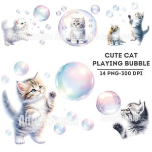 Niedliche Katze, die mit Blasen spielt, Clipart Bundle, entzückende Katze & Blase Clipart, süßes Kätzchen, das mit Blasen spielt, Pastell Blasen Katzen Clipart