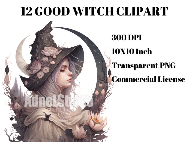 May include: A digital illustration of a witch with long, flowing purple hair wearing a black hat with floral embellishments. She is standing in front of a crescent moon and surrounded by flowers and trees. The image is 10 inches by 10 inches and has a resolution of 300 DPI.