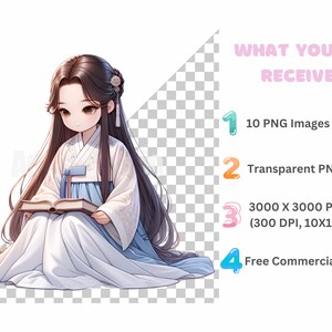May include: A digital illustration of a young girl wearing a traditional Korean hanbok dress, sitting and reading a book. The image is set against a white background with a checkered pattern.