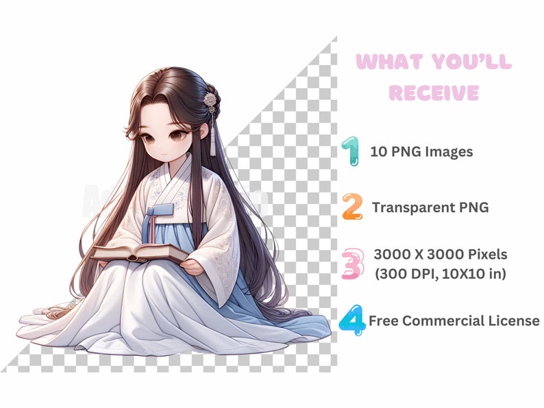 May include: A digital illustration of a young girl wearing a traditional Korean hanbok dress, sitting and reading a book. The image is set against a white background with a checkered pattern.