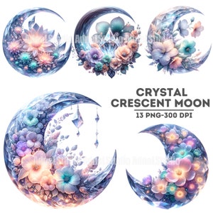 Aquarelle cristal croissant de lune Clipart - Clipart floral croissant de lune, Clipart Celestial Fantasy, Clipart conte de fées, livre pour enfants Art Clipart