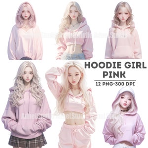 Watercolor Pink Hoodie Girl Clipart, Pink Dress Women Clipart, Anime Girl Stickers, Urban Fashion Girl Papercraft, Trendy Fashion Clipart