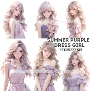 Summer Purple Dress Girl Clipart, Purple Dress Women Clipart, Anime Girl Stickers, Urban Fashion Girl Papercraft, Cozy Dress Girl Clipart