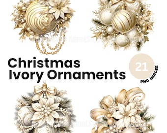 Ivory Christmas Ornament Clipart, Watercolor Christmas Ornament PNG, Christmas Clipart, Christmas Decoration Clipart, Christmas Junk Journal