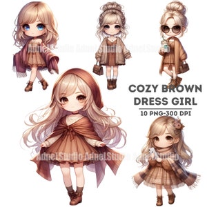 Watercolor Cozy Clipart - Cozy Dress Girl Clipart, Little Girl Stickers, Anime Girl Clipart, Chibi Girl Clipart, Cute White Girl Clipart