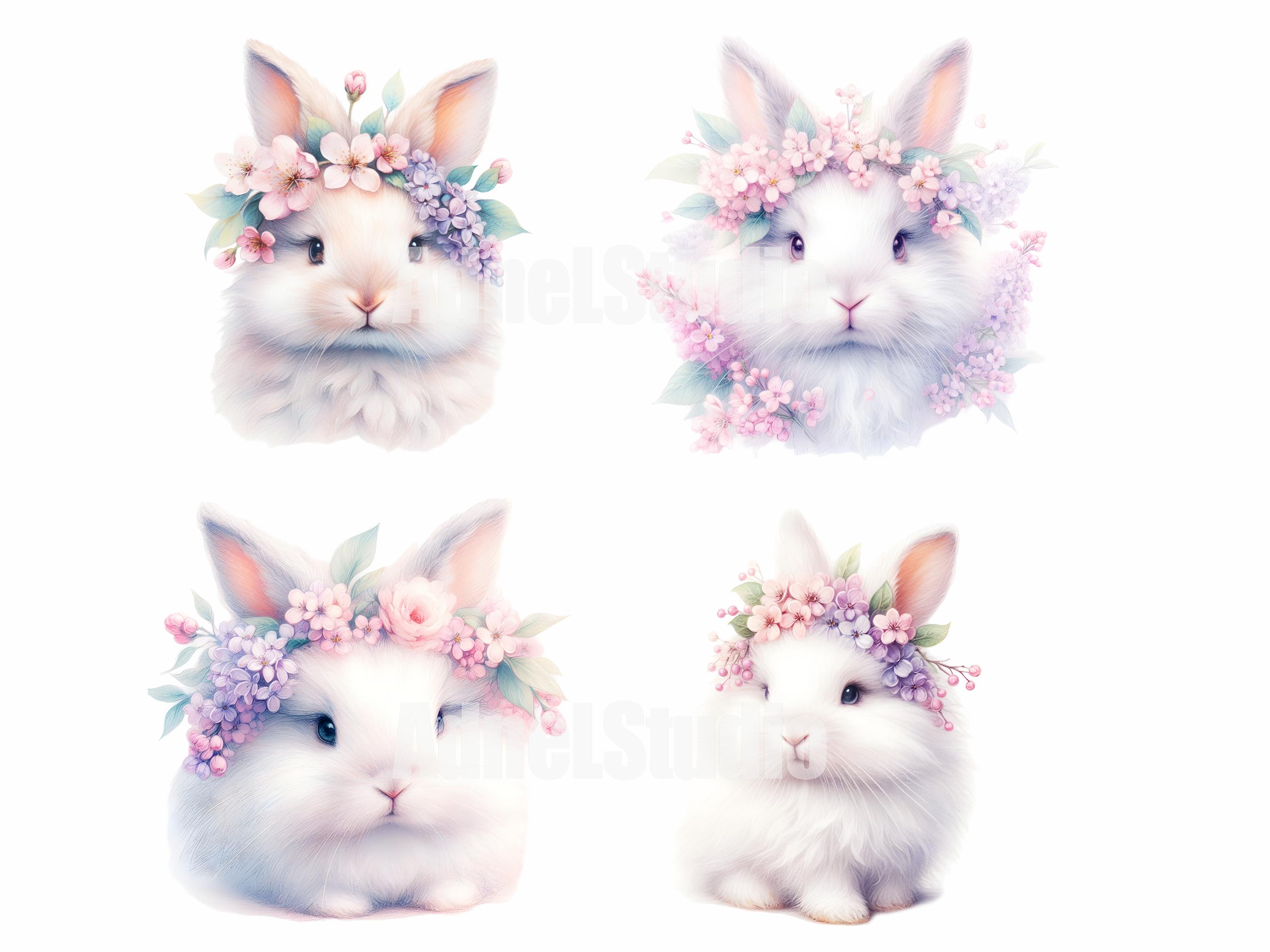 Watercolor Floral Bunny Clipart, Rabbit With Flower Crown Illustrations ...