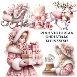 Rosa viktorianische Weihnachten PNG Clipart, rosa Weihnachtscliparts, Winter Wunderland Digitale Kunst, Vintage Urlaub Grafiken, Winter Scrapbooking