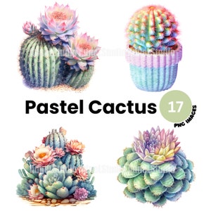 Imágenes prediseñadas de cactus pastel de acuarela - Paquete de imágenes prediseñadas digitales de cactus, Flor de cactus imprimible, Scrapbooking de diario basura, Collage de artesanía de papel