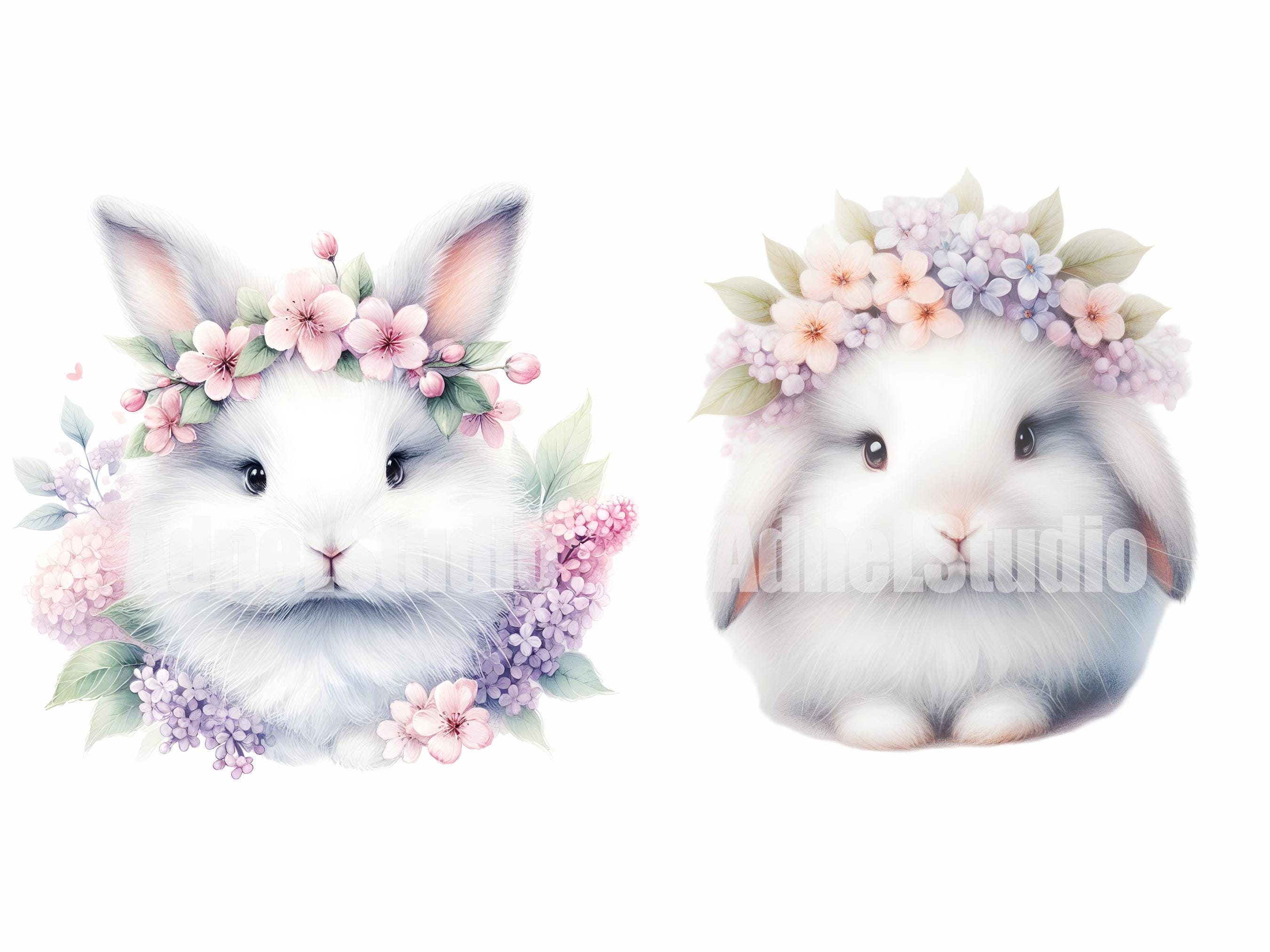 Watercolor Floral Bunny Clipart, Rabbit With Flower Crown Illustrations ...