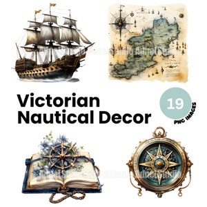 Watercolor Nautical Decor Clipart - Victorian Nautical Decoration Clipart, Age of Discovery Clipart, Nautical Junk Journal, Scrapbooking