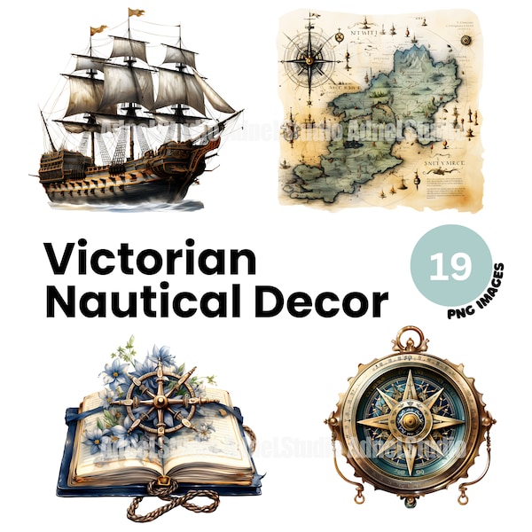 Watercolor Nautical Decor Clipart - Victorian Nautical Decoration Clipart, Age of Discovery Clipart, Nautical Junk Journal, Scrapbooking