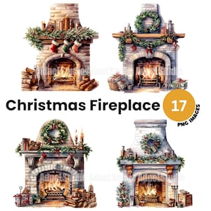 Watercolor Christmas Fireplace Clipart - Cozy Christmas Fireplace Clipart, Christmas Decoration Clipart, Christmas Clipart, Junk Journals