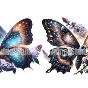 May include: Two intricate butterflies with iridescent wings, adorned with sparkling blue and gold accents, are depicted against a white background. Each butterfly is surrounded by delicate purple flowers.